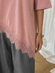 SHEIN LUNE Áo thun nữ dáng suông màu trơn, vạt áo bất đối xứng, phối ren, trang phục cơ bản hàng ngày cho mùa xuân và mùa hè. - Bụi hồng - Xem 7