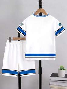 2pcs/Set Tween Boy White Summer Graphic Streetwear Vacation,Numeric 66 Striped Slogan Print Short T-Shirt And Shorts Suit,Casual Fashionable Cozy Wear - Multicolor - View 3