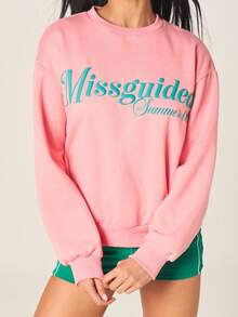 MISSGUIDED Sudadera oversize de cuello redondo de manga larga en color rosa con estampado de logotipo en turquesa, para el verano - Rosa - Ver 2