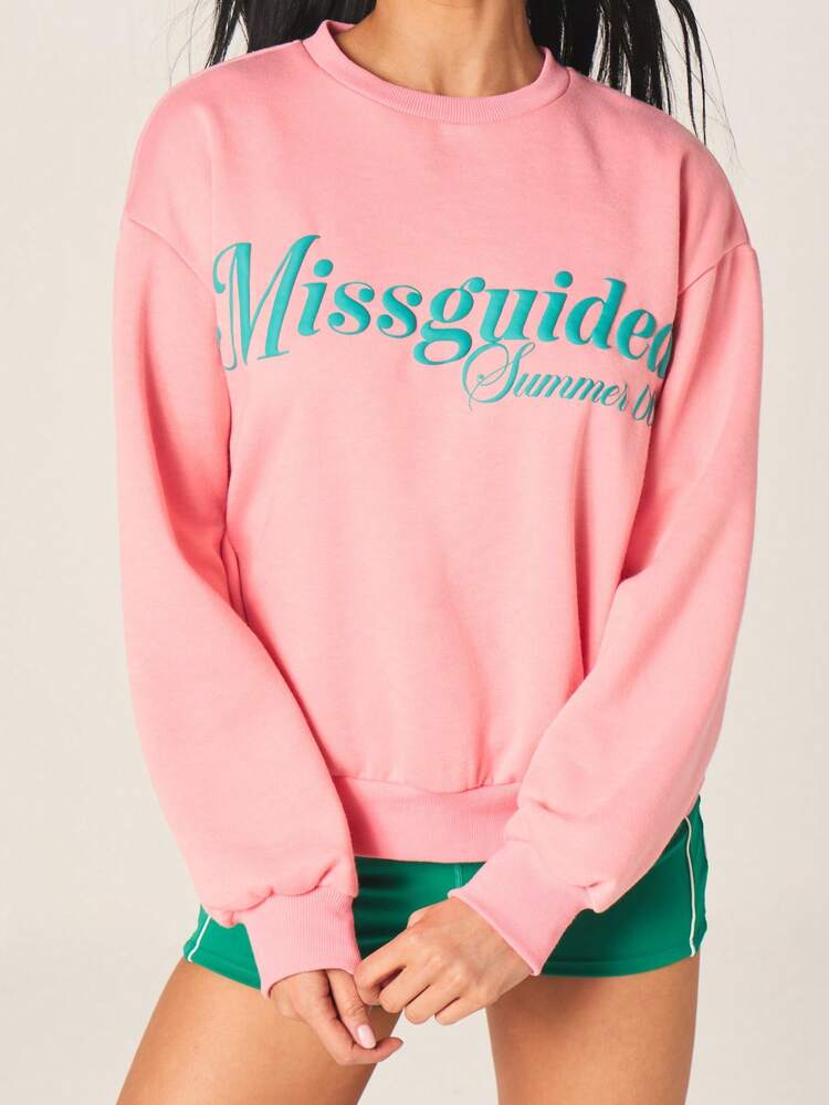 MISSGUIDED Summer Vibes Oversized Pink Crew Neck Long Sleeve Sweatshirt With Turquoise Logo Print