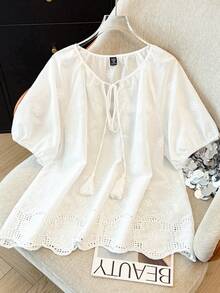 GlowEve CURVE Women's Elegant Casual Raglan Short Sleeve Embroidered Blouse - White - View 6