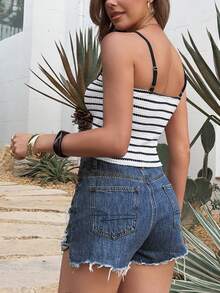 Lucivie 女士性感优雅复古沙滩风条纹钩针针织吊带上衣 - 黑與白 - 查看 2