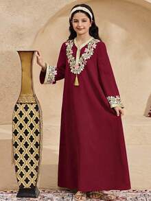 SHEIN Vestaglia casual con scollo a V, nastro metallico super lungo e nappe per ragazze pre-adolescenti - Rosso - Visualizzare 4