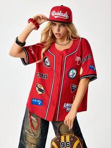 Tetris™ X SHEIN 女士字母印花短袖单排扣休闲宽松衬衫 - 紅色 - 查看 1