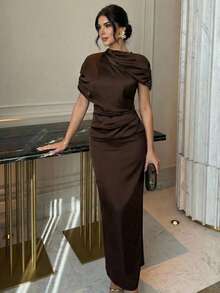 Firerie 女士优雅简约精致浪漫端庄节日舞会派对情人节约会婚礼宾客度假通勤时尚新款塔夫绸褶裥二合一棕色连衣裙 - 棕色 - 查看 2