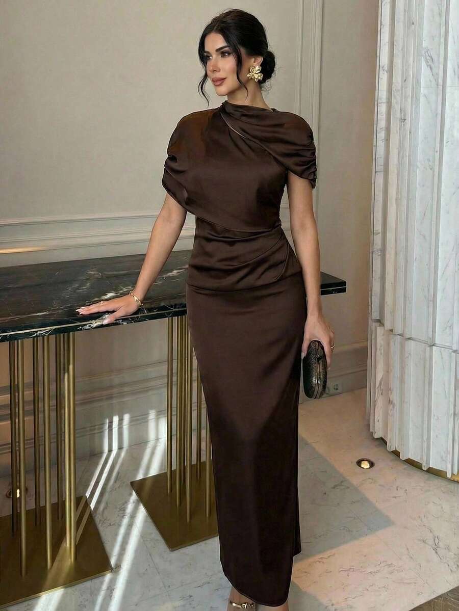 Firerie Đầm nữ thanh lịch, tối giản, tinh tế, lãng mạn, trang nhã, thích hợp cho các dịp lễ hội, tiệc tùng, ngày Valentine, hẹn hò, đám cưới, khách mời, nghỉ dưỡng, đi làm, thời trang, chất liệu taffeta, xếp ly, 2 trong 1, màu nâu. - màu nâu - Xem 1