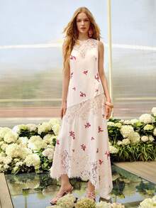 MOTF PREMIUM WOMEN'S ELEGANT LACE PATCHWORK DESIGN LONG DRESS, SPRING/SUMMER GRADUATION GUEST BLUSH PINK - Pink - View 2