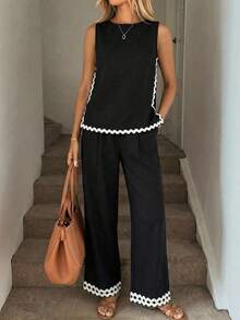 Easowa Women's Boat Neck Patchwork Ruffle Trim Sleeveless Blouse And Pants Elegant 2 Pieces Set Vacation Outfits Women,Casual Clothes Top And Pants Set Black Two Piece Set Women Blouse And Pants Set Two Piece Set Women 2 Piece Casual Sets Woman Two Piece Set Women Comfy - Black - View 1