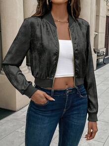 SHEIN LUNE Chaqueta de béisbol nueva de otoño con cremallera metálica dorada, puños acanalados, ajuste slim, elegante y versátil, cárdigan corto para ropa de fiesta de Año Nuevo - Negro - Ver 6