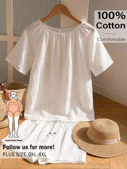 CosyJoli Plus Size Summer Casual Solid Color Shirt And Shorts 2 Pieces Set Cotton Tops Cute Modest Tops Spring Outfit Women Spring Set For Women