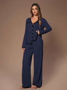 Lazeform Bộ đồ ngủ nữ kiểu Mỹ gồm áo khoác cardigan cổ chữ V tay dài và quần ống rộng phối màu tương phản. - Màu xanh hải quân - Xem 1