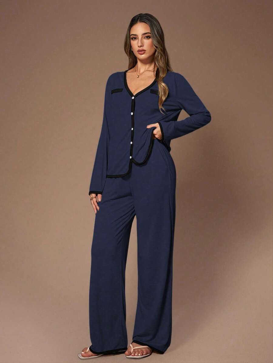 Lazeform Bộ đồ ngủ nữ kiểu Mỹ gồm áo khoác cardigan cổ chữ V tay dài và quần ống rộng phối màu tương phản. - Màu xanh hải quân - Xem 1