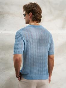 TONEVAULT Men's Solid Color Polo Collar Short Sleeve Casual Knit Top, Spring/Summer - Blue - View 2