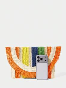 SHECARRY Bolso de embrague casual de vacaciones con flecos y rayas de contraste - Color - Ver 5