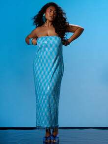 MUSERA 大码亮片抹胸修身无肩带中长连衣裙，春夏度假海滩Y2k伊比沙岛可爱性感派对节日婚礼宾客热带风情 - 藍色 - 查看 5