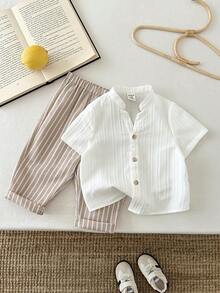 LMoss Kids LMoss 2pcs Baby Boy Woven Solid Color Collared Shirt And Pants Set Textured Mandarin Collar Versatile Shorts Boys Clothes Two Piece Summer Sets - Multicolor - View 4
