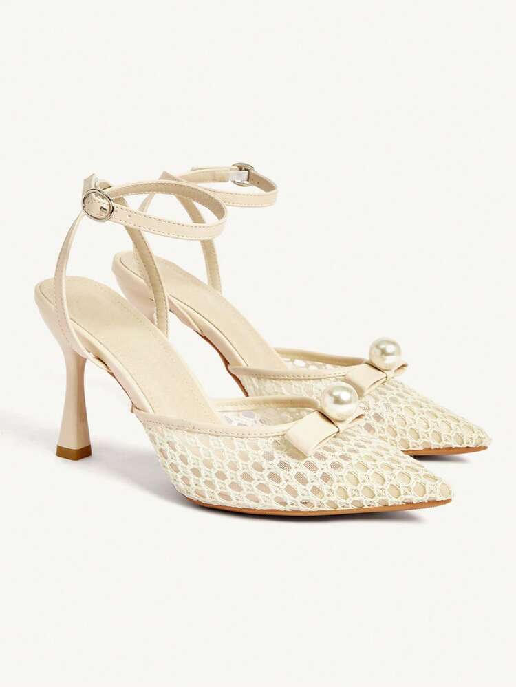 CUCCOO CHICEST Women's Fashion Mesh Pearl Decor Casual High Heel Pumps, Suitable For Summer/Summer Wedding Shoes Summer Shoes Bride Shoes