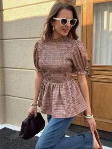 Solivie Women's Summer Short Sleeve Cable Knit Collared Shirt, Waist Cinching Plaid Blouse - Khaki - View 6