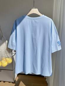 Muchica 大码女式花卉刺绣圆领短袖休闲T恤 - 藍色 - 查看 2