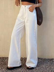 DAZY Women's Casual White Pocket Wide Leg Jeans, Spring/Summer - White - View 3