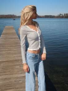 Sydney Algeri 女士条纹蕾丝荷叶边修身开衫，长袖 - 黑與白 - 查看 5