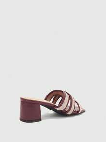 CUCCOO BIZCHIC Square Toe Striped Cross With Thick Heel Versatile Sandals, Square Toe Thick Heel Sandals, Simple And Fashionable Style, Suitable For Daily Wear Or Casual Occasions - Burgundy - View 3