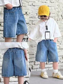 SHEIN Young Boy New Fashion Distressed Casual Soft Basic Simple Splicing Loose Fit Blue Denim Baggy Cropped Jeans Spring Summer,For Spring/Summer Dailywear, Streetwear,Beach,Vacation, Casual, Graphic Jeans,Jeans,4-Year-Old Jeans,Summer Jeans,Casual Jeans - Light Wash - View 9
