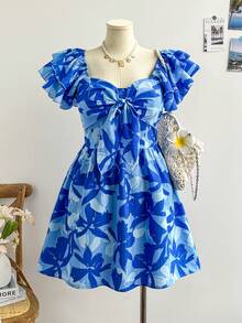 Soleia Plus Size Women's Vacation Blue Floral Print Cap Sleeve Tie Front Mini Dress - Blue - View 1