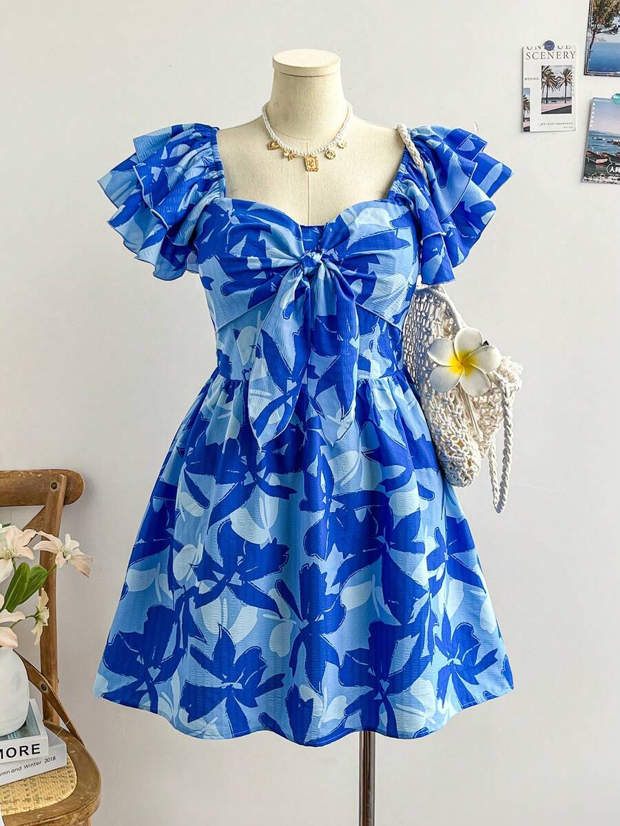 Soleia Plus Size Women's Vacation Blue Floral Print Cap Sleeve Tie Front Mini Dress - Blue - View 1