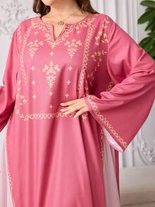 Al Najma V-Neck Floral Print Side Pleated Robe, Casual & Fashionable, Spring/Summer Arabic Dress For Women Najma Dress Abaya For Women Dubai - Multicolor - View 6