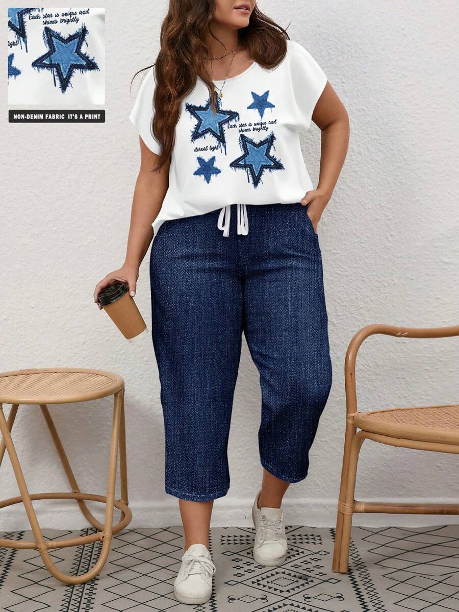 EMERY ROSE Casual Nautical Style Blue Star & Letter Print Plus Size 2 Pieces Set, Suitable For Summer Vacation - Multicolor - View 1