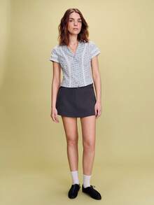 lacRébo Blusa ajustada con estampado floral de cuadros con cuello ribeteado de encaje, estilo francés primavera-verano estilo parisino - Azul - Ver 3