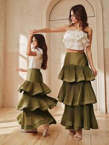 Anewsta Tween Girl Spring/Summer New Multilayer Ruffle Pleated Maxi Skirt - Army Green - View 6