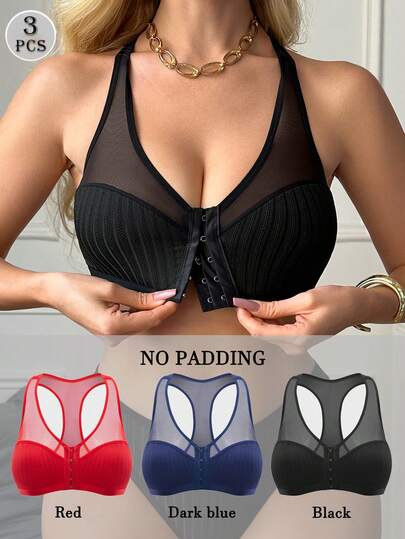 3pcs/Set Mesh Patchwork Front Closure Comfortable Bras