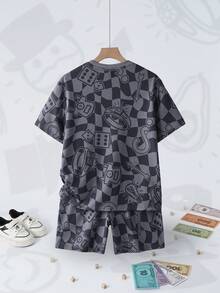 MONOPOLY X SHEIN Set tricou și pantaloni scurți cu mânecă scurtă, în carouri și imprimeu de desene animate, pentru băieți preadolescenti - Gri - Vizualizare 2
