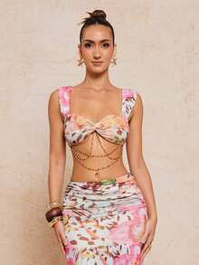 Lumalex 女士扭结设计露脐上衣和腰部褶皱迷你裙性感两件套 - 玫紅色 - 查看 12