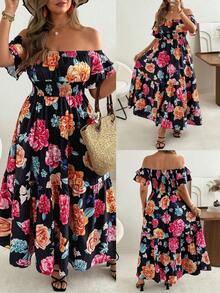 Ceyna Đầm trễ vai tay bồng bất đối xứng in hoa dành cho nữ cỡ lớn, phù hợp cho kỳ nghỉ gia đình, tụ họp bạn bè, đa năng. - Nhiều màu - Xem 1