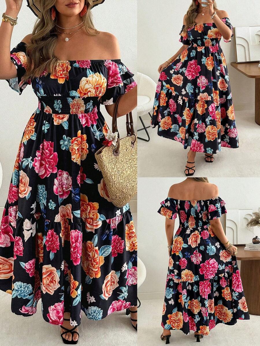 Ceyna Đầm trễ vai tay bồng bất đối xứng in hoa dành cho nữ cỡ lớn, phù hợp cho kỳ nghỉ gia đình, tụ họp bạn bè, đa năng. - Nhiều màu - Xem 1