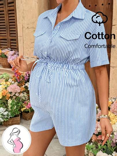 SHEIN Pregnant Women's Striped Button Tie-Waist Casual Everyday Romper Summer Maternity Romper Maternity Vacation Outfit Summer Holiday Outfits