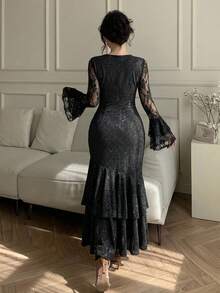 DAZY 女士优雅蕾丝拼接方领荷叶边喇叭袖不对称中长连衣裙，春夏款 - 黑色 - 查看 2