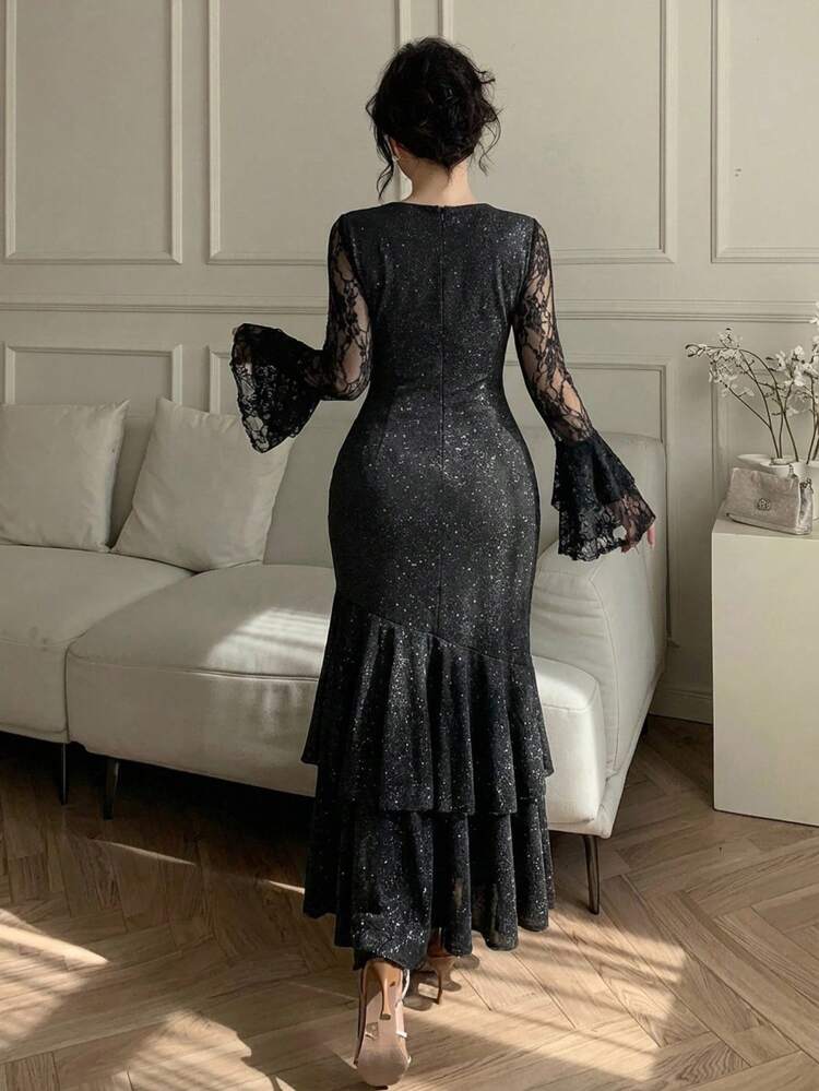 Women's Elegant Lace Patchwork Square Collar Ruffle Flare Sleeve Asymmetric Mid-Length Dress, Spring/Summer Dress Sundress