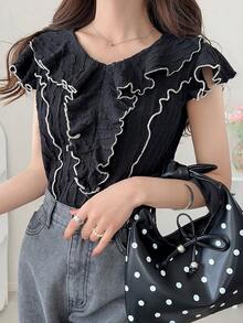 FRIFUL Blusa elegante con volantes y textura para mujer en verano - Negro - Ver 4