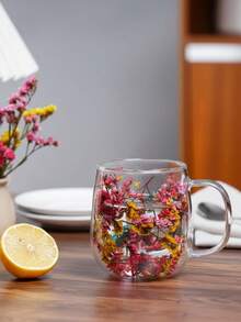 Cốc cà phê thủy tinh hai lớp có tay cầm, thiết kế độc đáo, chất lượng cao, trang trí bằng hoa khô và cát chảy. - Nhiều màu - Xem 4