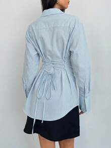 Aloruh 女士新款长袖衬衫，酒红色条纹缎面衬衫，浪漫休闲百搭修身衬衫 - 藍色 - 查看 2