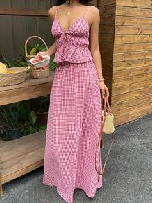 Sunnyshic Red Plaid V-Neck Tie-Front Ruffle Hem Camisole And Low-Waist A-Line Maxi Skirt 2-Piece Set, Women Spring/Summer Vacation Beach Bohemian Minimalist Casual Everyday Versatile - Red - View 3