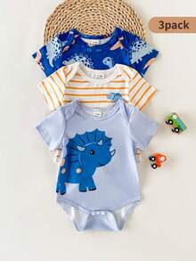 Playful Pals 3pcs/Pack Infant Cute Animal Print Envelope Collar Short Sleeve Bodysuit, Summer - Multicolor - View 10