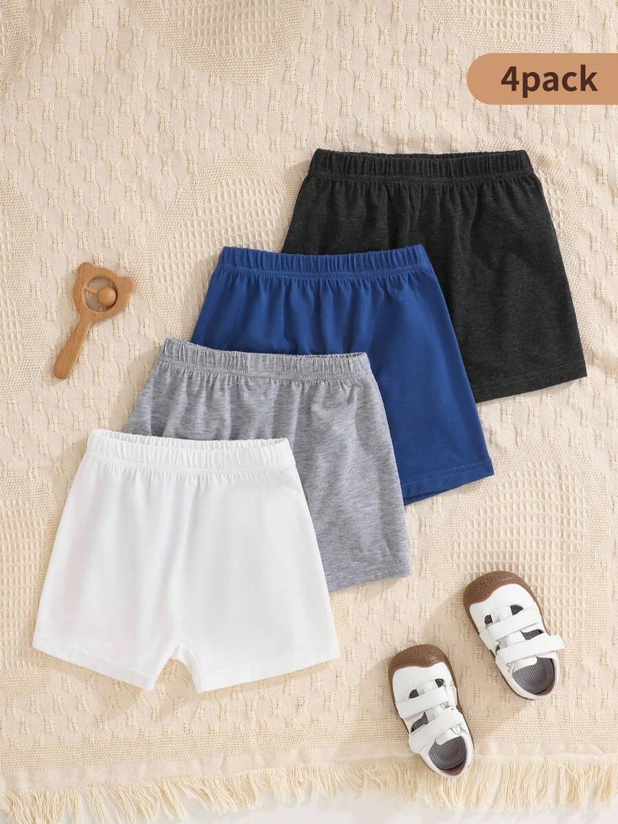 SHEIN Playful Pals 4件套幼儿男童纯色舒适休闲针织短裤套装 - 彩色 - 查看 1