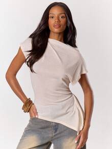 MUSERA Straight Neck Ruched Asymmetric Hem Top Winter NewYear Cute Sexy Going Out Evening Party Accented Valentines Day Spring Summer Holiday - Apricot - View 1