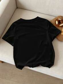 Camiseta de manga corta con cuello redondo, estampado de chica de dibujos animados de K-POP, informal y de moda para niñas jóvenes, verano - Negro - Ver 2