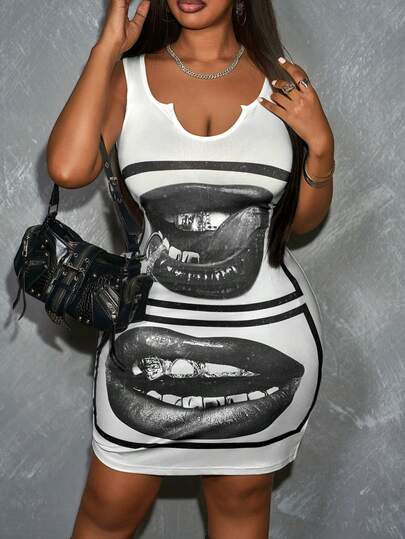 SHEIN SXY Plus Size Lip Print Fitted Sexy Sleeveless Dress